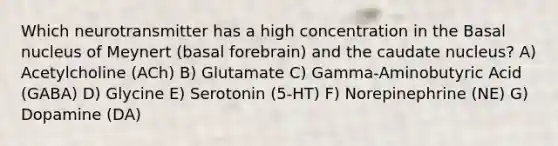 Which neurotransmitter has a high concentration in the Basal nucleus of Meynert (basal forebrain) and the caudate nucleus? A) Acetylcholine (ACh) B) Glutamate C) Gamma-Aminobutyric Acid (GABA) D) Glycine E) Serotonin (5-HT) F) Norepinephrine (NE) G) Dopamine (DA)