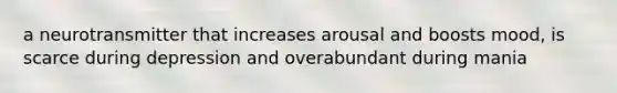 a neurotransmitter that increases arousal and boosts mood, is scarce during depression and overabundant during mania