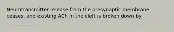 Neurotransmitter release from the presynaptic membrane ceases, and existing ACh in the cleft is broken down by ____________