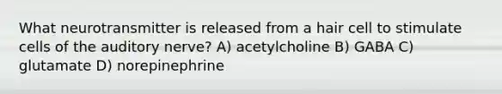 What neurotransmitter is released from a hair cell to stimulate cells of the auditory nerve? A) acetylcholine B) GABA C) glutamate D) norepinephrine