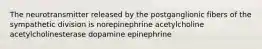 The neurotransmitter released by the postganglionic fibers of the sympathetic division is norepinephrine acetylcholine acetylcholinesterase dopamine epinephrine