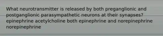 What neurotransmitter is released by both preganglionic and postganglionic parasympathetic neurons at their synapses? epinephrine acetylcholine both epinephrine and norepinephrine norepinephrine