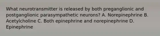 What neurotransmitter is released by both preganglionic and postganglionic parasympathetic neurons? A. Norepinephrine B. Acetylcholine C. Both epinephrine and norepinephrine D. Epinephrine