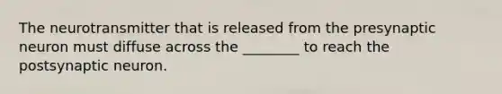 The neurotransmitter that is released from the presynaptic neuron must diffuse across the ________ to reach the postsynaptic neuron.