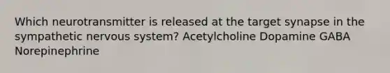 Which neurotransmitter is released at the target synapse in the sympathetic <a href='https://www.questionai.com/knowledge/kThdVqrsqy-nervous-system' class='anchor-knowledge'>nervous system</a>? Acetylcholine Dopamine GABA Norepinephrine