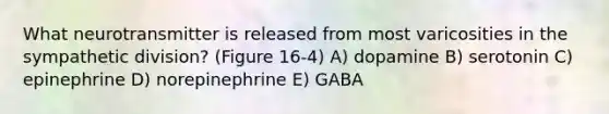 What neurotransmitter is released from most varicosities in the sympathetic division? (Figure 16-4) A) dopamine B) serotonin C) epinephrine D) norepinephrine E) GABA