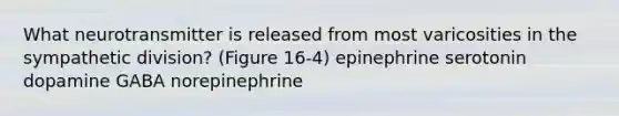 What neurotransmitter is released from most varicosities in the sympathetic division? (Figure 16-4) epinephrine serotonin dopamine GABA norepinephrine