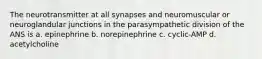 The neurotransmitter at all synapses and neuromuscular or neuroglandular junctions in the parasympathetic division of the ANS is a. epinephrine b. norepinephrine c. cyclic-AMP d. acetylcholine