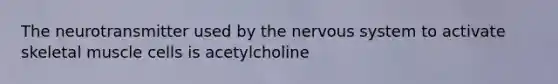 The neurotransmitter used by the <a href='https://www.questionai.com/knowledge/kThdVqrsqy-nervous-system' class='anchor-knowledge'>nervous system</a> to activate skeletal muscle cells is acetylcholine