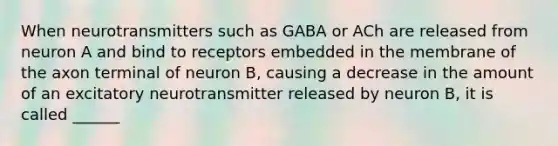 When neurotransmitters such as GABA or ACh are released from neuron A and bind to receptors embedded in the membrane of the axon terminal of neuron B, causing a decrease in the amount of an excitatory neurotransmitter released by neuron B, it is called ______