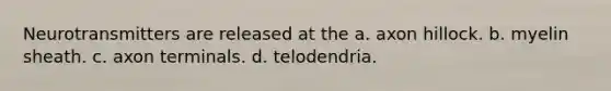 Neurotransmitters are released at the a. axon hillock. b. myelin sheath. c. axon terminals. d. telodendria.