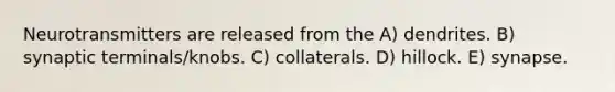 Neurotransmitters are released from the A) dendrites. B) synaptic terminals/knobs. C) collaterals. D) hillock. E) synapse.