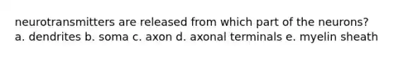 neurotransmitters are released from which part of the neurons? a. dendrites b. soma c. axon d. axonal terminals e. myelin sheath