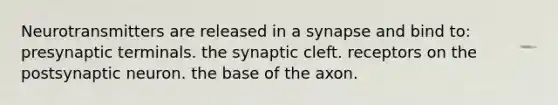 Neurotransmitters are released in a synapse and bind to: presynaptic terminals. the synaptic cleft. receptors on the postsynaptic neuron. the base of the axon.