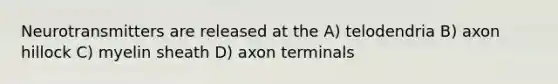 Neurotransmitters are released at the A) telodendria B) axon hillock C) myelin sheath D) axon terminals