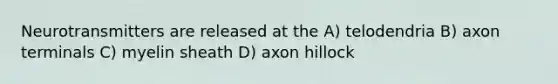 Neurotransmitters are released at the A) telodendria B) axon terminals C) myelin sheath D) axon hillock