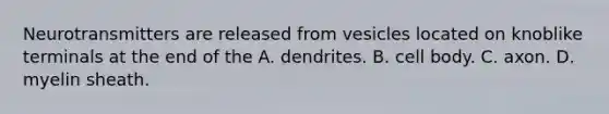 Neurotransmitters are released from vesicles located on knoblike terminals at the end of the A. dendrites. B. cell body. C. axon. D. myelin sheath.