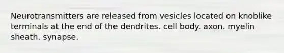 Neurotransmitters are released from vesicles located on knoblike terminals at the end of the dendrites. cell body. axon. myelin sheath. synapse.