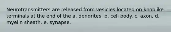 Neurotransmitters are released from vesicles located on knoblike terminals at the end of the a. dendrites. b. cell body. c. axon. d. myelin sheath. e. synapse.