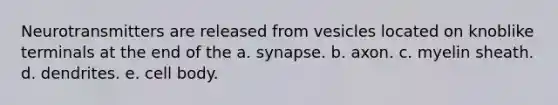 Neurotransmitters are released from vesicles located on knoblike terminals at the end of the a. synapse. b. axon. c. myelin sheath. d. dendrites. e. cell body.