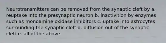 Neurotransmitters can be removed from the synaptic cleft by a. reuptake into the presynaptic neuron b. inactivition by enzymes such as monoamine oxidase inhibitors c. uptake into astrocytes surrounding the synaptic cleft d. diffusion out of the synaptic cleft e. all of the above