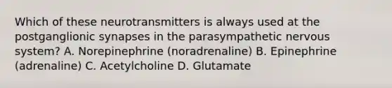 Which of these neurotransmitters is always used at the postganglionic synapses in the parasympathetic nervous system? A. Norepinephrine (noradrenaline) B. Epinephrine (adrenaline) C. Acetylcholine D. Glutamate