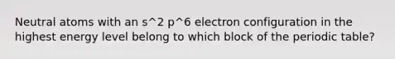 Neutral atoms with an s^2 p^6 electron configuration in the highest energy level belong to which block of the periodic table?