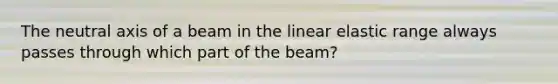 The neutral axis of a beam in the linear elastic range always passes through which part of the beam?