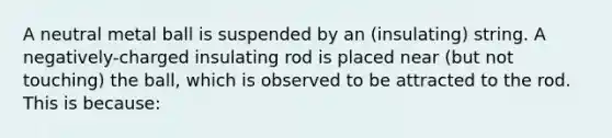 A neutral metal ball is suspended by an (insulating) string. A negatively-charged insulating rod is placed near (but not touching) the ball, which is observed to be attracted to the rod. This is because: