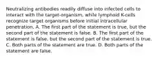 Neutralizing antibodies readily diffuse into infected cells to interact with the target-organism, while lymphoid K-cells recognize target organisms before initial intracellular penetration. A. The first part of the statement is true, but the second part of the statement is false. B. The first part of the statement is false, but the second part of the statement is true. C. Both parts of the statement are true. D. Both parts of the statement are false.