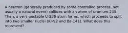 A neutron (generally produced by some controlled process, not usually a natural event) collides with an atom of uranium-235. Then, a very unstable U-236 atom forms, which proceeds to split into two smaller nuclei (Kr-92 and Ba-141). What does this represent?