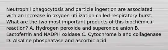 Neutrophil phagocytosis and particle ingestion are associated with an increase in oxygen utilization called respiratory burst. What are the two most important products of this biochemical reaction? A. Hydrogen peroxide and superoxide anion B. Lactoferrin and NADPH oxidase C. Cytochrome b and collagenase D. Alkaline phosphatase and ascorbic acid