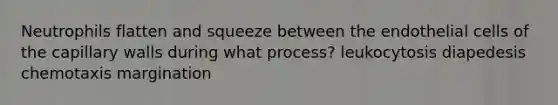 Neutrophils flatten and squeeze between the endothelial cells of the capillary walls during what process? leukocytosis diapedesis chemotaxis margination