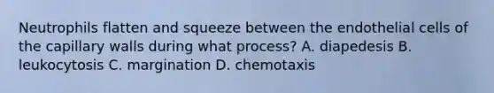 Neutrophils flatten and squeeze between the endothelial cells of the capillary walls during what process? A. diapedesis B. leukocytosis C. margination D. chemotaxis