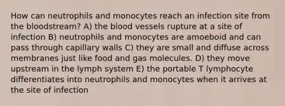 How can neutrophils and monocytes reach an infection site from the bloodstream? A) the blood vessels rupture at a site of infection B) neutrophils and monocytes are amoeboid and can pass through capillary walls C) they are small and diffuse across membranes just like food and gas molecules. D) they move upstream in the lymph system E) the portable T lymphocyte differentiates into neutrophils and monocytes when it arrives at the site of infection