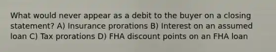 What would never appear as a debit to the buyer on a closing statement? A) Insurance prorations B) Interest on an assumed loan C) Tax prorations D) FHA discount points on an FHA loan