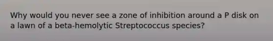 Why would you never see a zone of inhibition around a P disk on a lawn of a beta-hemolytic Streptococcus species?