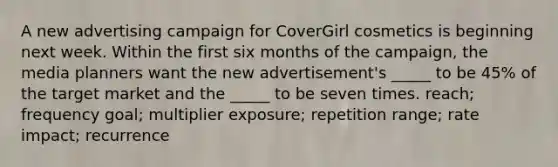 A new advertising campaign for CoverGirl cosmetics is beginning next week. Within the first six months of the campaign, the media planners want the new advertisement's _____ to be 45% of the target market and the _____ to be seven times. reach; frequency goal; multiplier exposure; repetition range; rate impact; recurrence