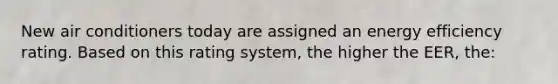 New air conditioners today are assigned an energy efficiency rating. Based on this rating system, the higher the EER, the: