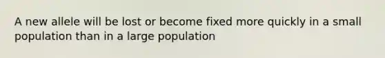 A new allele will be lost or become fixed more quickly in a small population than in a large population