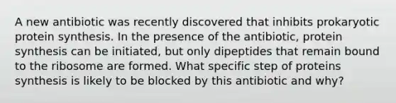 A new antibiotic was recently discovered that inhibits prokaryotic protein synthesis. In the presence of the antibiotic, protein synthesis can be initiated, but only dipeptides that remain bound to the ribosome are formed. What specific step of proteins synthesis is likely to be blocked by this antibiotic and why?