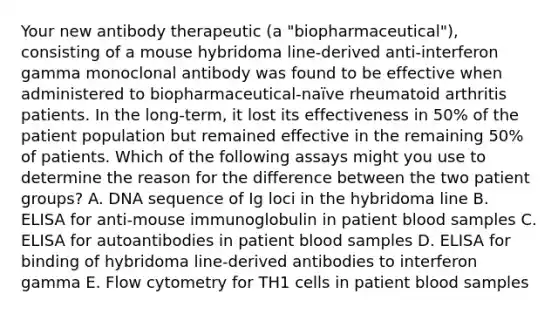 Your new antibody therapeutic (a "biopharmaceutical"), consisting of a mouse hybridoma line-derived anti-interferon gamma monoclonal antibody was found to be effective when administered to biopharmaceutical-naïve rheumatoid arthritis patients. In the long-term, it lost its effectiveness in 50% of the patient population but remained effective in the remaining 50% of patients. Which of the following assays might you use to determine the reason for the difference between the two patient groups? A. DNA sequence of Ig loci in the hybridoma line B. ELISA for anti-mouse immunoglobulin in patient blood samples C. ELISA for autoantibodies in patient blood samples D. ELISA for binding of hybridoma line-derived antibodies to interferon gamma E. Flow cytometry for TH1 cells in patient blood samples