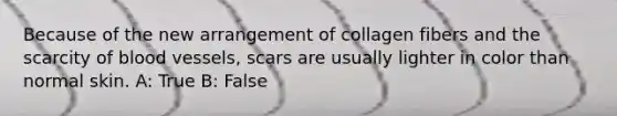 Because of the new arrangement of collagen fibers and the scarcity of <a href='https://www.questionai.com/knowledge/kZJ3mNKN7P-blood-vessels' class='anchor-knowledge'>blood vessels</a>, scars are usually lighter in color than normal skin. A: True B: False