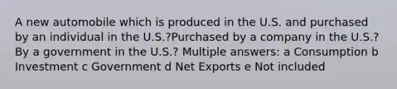 A new automobile which is produced in the U.S. and purchased by an individual in the U.S.?Purchased by a company in the U.S.?By a government in the U.S.? Multiple answers: a Consumption b Investment c Government d Net Exports e Not included