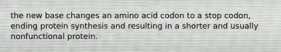 the new base changes an amino acid codon to a stop codon, ending protein synthesis and resulting in a shorter and usually nonfunctional protein.