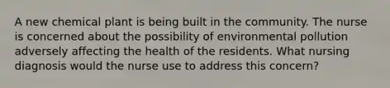 A new chemical plant is being built in the community. The nurse is concerned about the possibility of environmental pollution adversely affecting the health of the residents. What nursing diagnosis would the nurse use to address this concern?