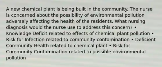 A new chemical plant is being built in the community. The nurse is concerned about the possibility of environmental pollution adversely affecting the health of the residents. What nursing diagnosis would the nurse use to address this concern? • Knowledge Deficit related to effects of chemical plant pollution • Risk for Infection related to community contamination • Deficient Community Health related to chemical plant • Risk for Community Contamination related to possible environmental pollution