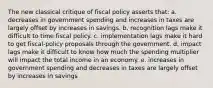 The new classical critique of fiscal policy asserts that: a. decreases in government spending and increases in taxes are largely offset by increases in savings. b. recognition lags make it difficult to time fiscal policy. c. implementation lags make it hard to get fiscal-policy proposals through the government. d. impact lags make it difficult to know how much the spending multiplier will impact the total income in an economy. e. increases in government spending and decreases in taxes are largely offset by increases in savings