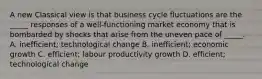 A new Classical view is that business cycle fluctuations are the​ _____ responses of a​ well-functioning market economy that is bombarded by shocks that arise from the uneven pace of​ _____. A. ​inefficient; technological change B. ​inefficient; economic growth C. ​efficient; labour productivity growth D. ​efficient; technological change