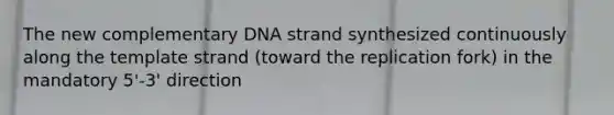 The new complementary DNA strand synthesized continuously along the template strand (toward the replication fork) in the mandatory 5'-3' direction